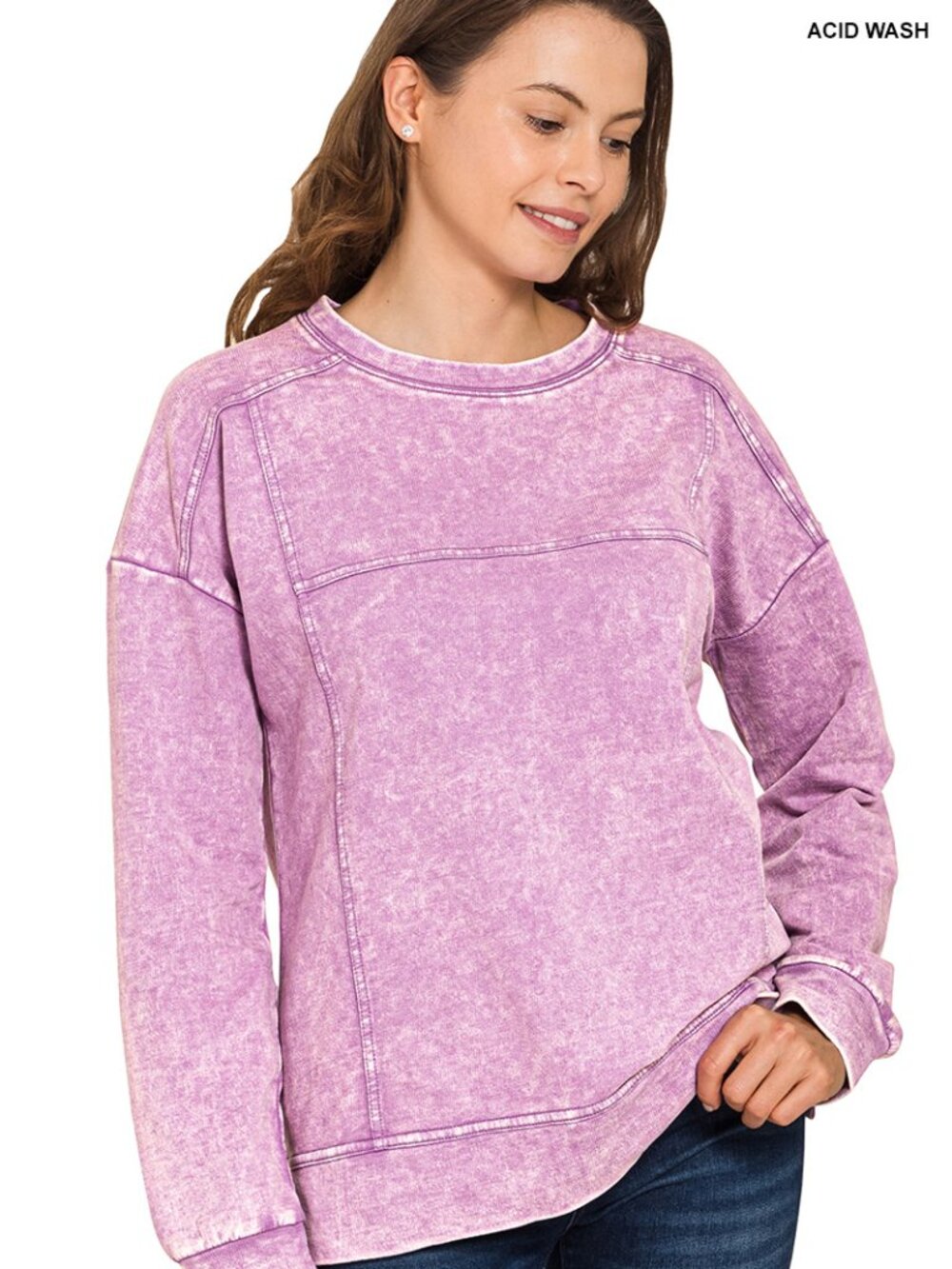 Zenana TTW-5354Y Exposed Seam Acid Washed Sweatshirt